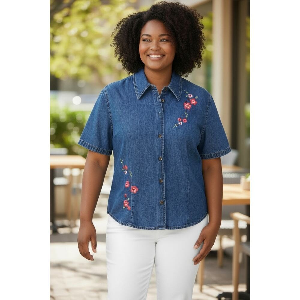 K Studio Sz 16 Vtg 90s Button-front Denim Shirt Floral Embroidery Slit at Back